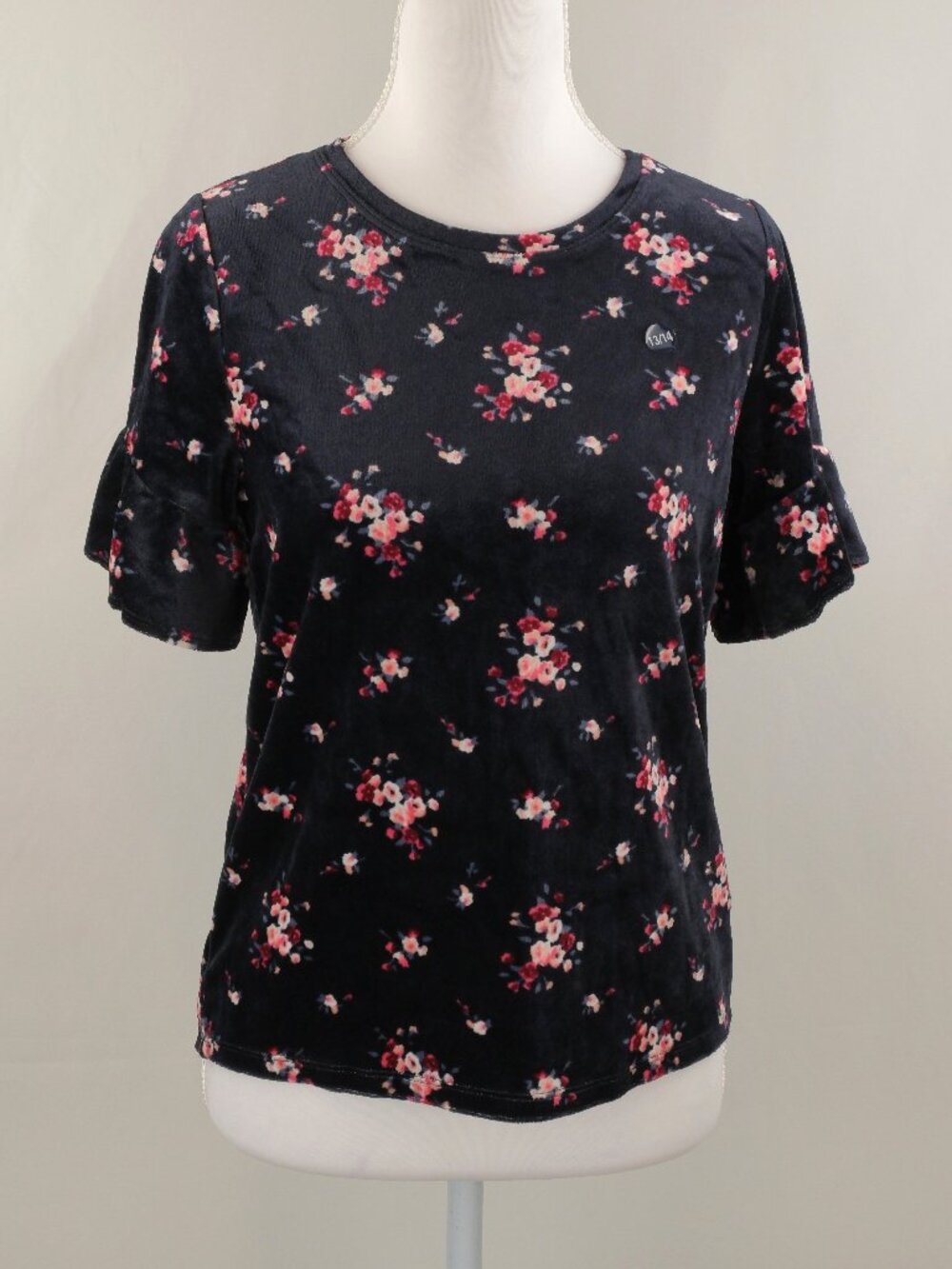 Abercrombie Kids Floral Crushed Velvet Short Sleeve Top, Navy/Pink, 13/14